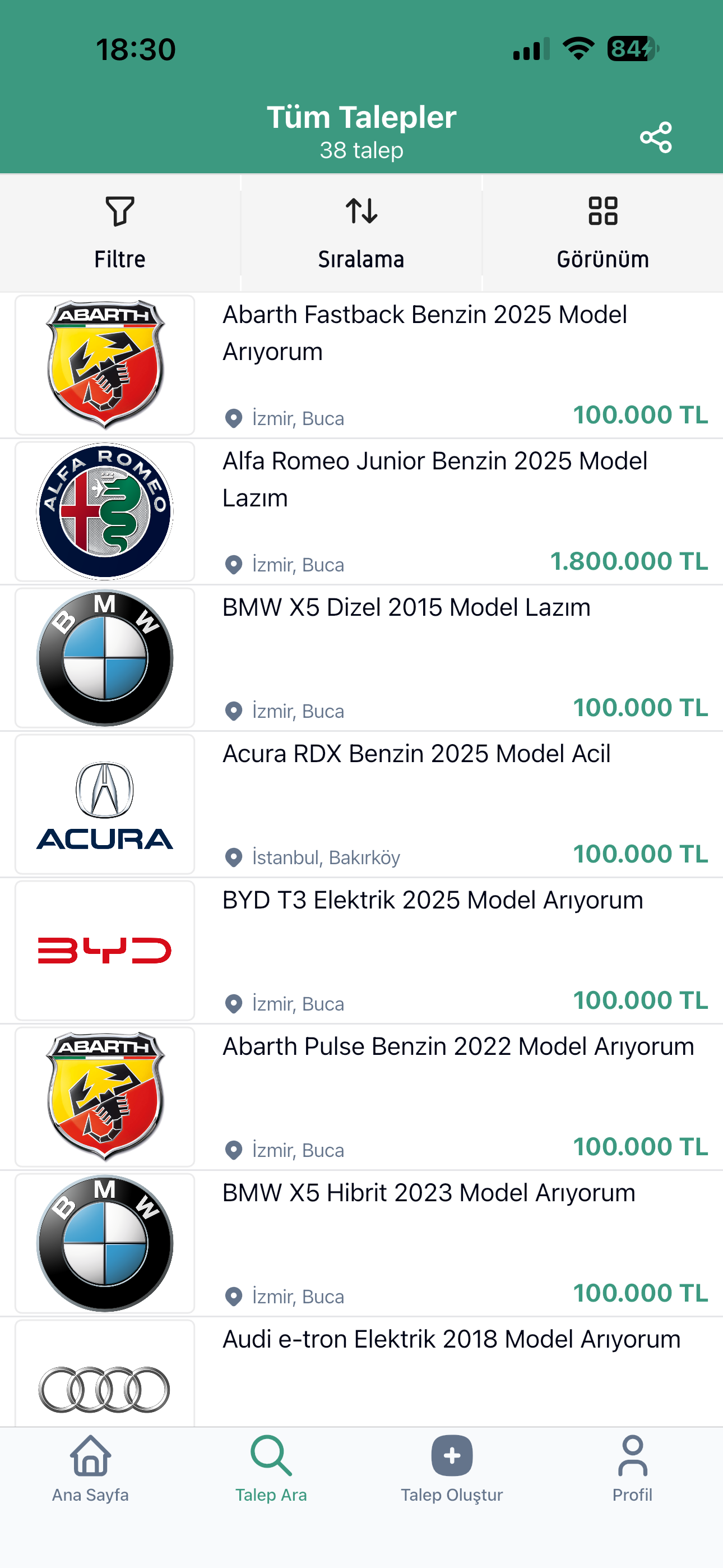 TalepCar Ana Ekran